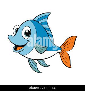 Cartoon cheerful smiling Fish, in childrens style bright color illustration isolated on white background. Vector illustration Stock Vector