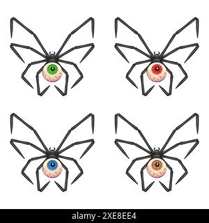 Set of color illustrations with butterfly shaped spider with eye. Isolated vector objects on white background. Stock Vector