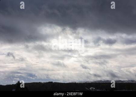 Dramatic sky after the storm with moving clouds and rising mist - texture, background Stock Photo