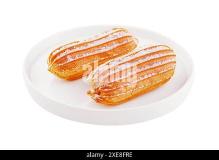 Two eclairs on white plate isolated Stock Photo
