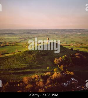 Aerial view of St Michael's Tower on top of Glastonbury Tor, Somerset, England, United Kingdom Stock Photo