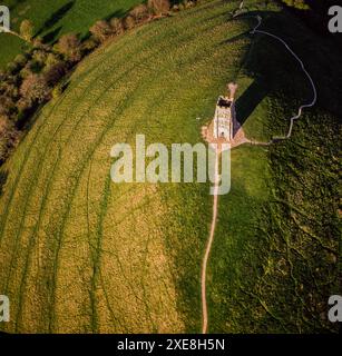 Aerial view of St Michael's Tower on top of Glastonbury Tor, Somerset, England, United Kingdom Stock Photo