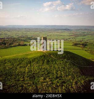 Aerial view of St Michael's Tower on top of Glastonbury Tor, Somerset, England, United Kingdom Stock Photo