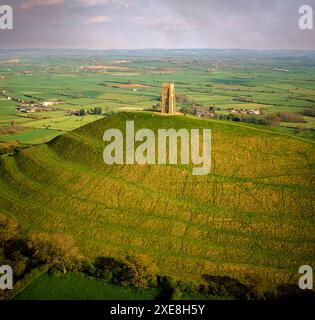 Aerial view of St Michael's Tower on top of Glastonbury Tor, Somerset, England, United Kingdom Stock Photo