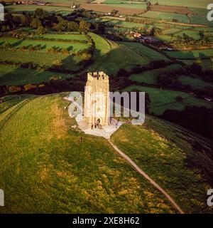 Aerial view of St Michael's Tower on top of Glastonbury Tor, Somerset, England, United Kingdom Stock Photo