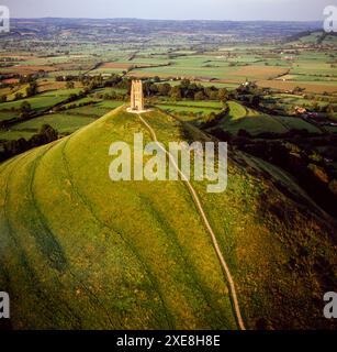 Aerial view of St Michael's Tower on top of Glastonbury Tor, Somerset, England, United Kingdom Stock Photo