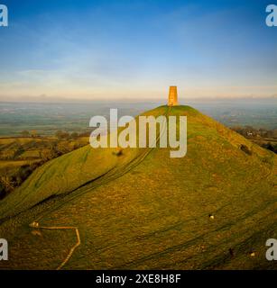 Aerial view of St Michael's Tower on top of Glastonbury Tor, Somerset, England, United Kingdom Stock Photo