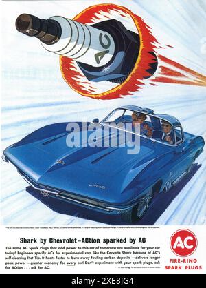 1963 AC Spark Plugs ad - “Shark by Chevrolet – ACtion sparked by AC” with Chevrolet Corvette XP-755, Mako Shark Stock Photo