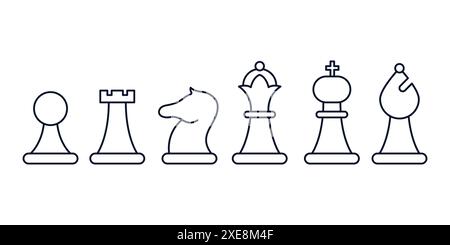 Chess pieces vector line icons set. Chess Board game pieces. Horse Pawn Bishop Queen King Stock Vector