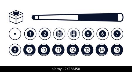 Snooker balls and cue stick icons set. Snooker pool equipment vector icon Stock Vector