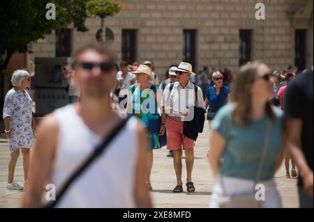 June 26, 2024, Malaga, Spain: Tourists are seen walking along Alcazabilla street, amid a context of increasing rejection of mass tourism. Malaga has experienced significant growth in mass tourism and an increase in the number of tourist apartments in the city centre and neighborhoods. These factors have resulted in rising rental and housing prices. Local neighbourhood associations and organisations are calling for measures to be introduced to limit rental prices and the impact of mass tourism. (Credit Image: © Jesus Merida/SOPA Images via ZUMA Press Wire) EDITORIAL USAGE ONLY! Not for Commerci Stock Photo