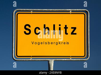 Town sign Schlitz, small town in the Vogelsberg district, Hesse, Germany, Europe Stock Photo