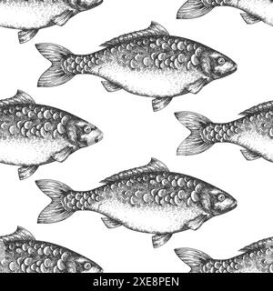 Vintage Style Carp Seamless Pattern. Vector Hand Drawn Fish Background. High Quality Old Fashion Illustration Stock Vector