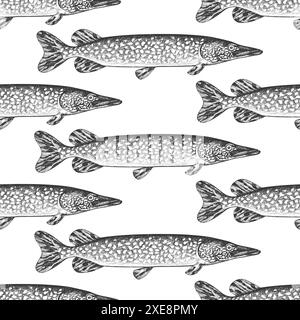 Vintage Style Pike Seamless Pattern. Vector Hand Drawn Fish Background. High Quality Old Fashion Illustration Stock Vector