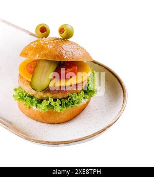 Kids burger on white plate isolated Stock Photo