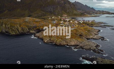 Aerial view at red houses at A is a village in Moskenes Municipality in Nordland county, Norway. This is last town on Lofoten islands Stock Photo