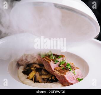 Exquisite serving beef medallions with mushrooms and mashed potatoes Stock Photo