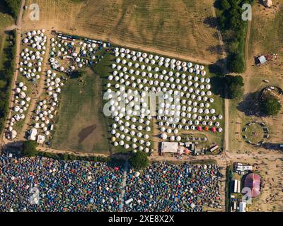 Aerial Image Glastonbury Festival, showing glamping bell tents and scout tents, Saturday 26th June 2010, Pilton, near Glastonbury, England, UK Stock Photo