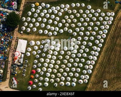 Aerial Image Glastonbury Festival, showing glamping bell tents, Thursday 24th June 2010, Worthy farm, Pilton, near Glastonbury, England, UK Stock Photo