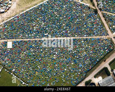 Aerial Image Glastonbury Festival, showing colourful mosaic of tents, Thursday 24th June 2010, Pilton, near Glastonbury, England, UK Stock Photo