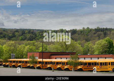 School busses lined up by a rural high school in Herkimer County, New York State, USA. Stock Photo
