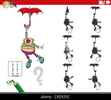 Cartoon illustration of finding the right picture to the shadow educational activity with clown character Stock Vector