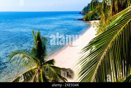 Drone view at the beach of Koh Kradan island in Thailand couple men and woman walking on the beach Stock Photo