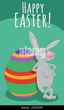 Happy cartoon Easter bunny with painted egg greeting card Stock Photo