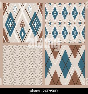 Argyle patterns from brush strokes. Set of vector diamond backgrounds Stock Vector
