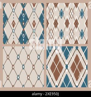 Argyle patterns from brush strokes. Set of vector diamond backgrounds Stock Vector