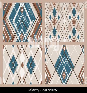 Argyle patterns from brush strokes. Set of vector diamond backgrounds Stock Vector