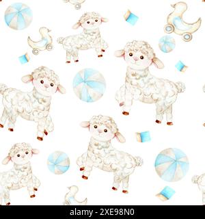 Sheep with toys on a white background. Seamless pattern is hand drawn. Suitable for textiles, scrap paper, wallpaper, wrapping paper, cards, invitatio Stock Photo