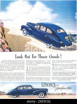 1941 Lincoln Zephyr V12 ad.  Look Out For Those Clouds Stock Photo