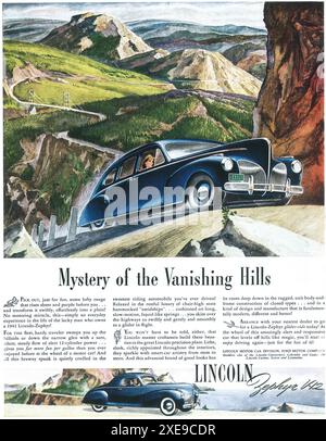 1941 Lincoln Zephyr V12 Ad - 'Mystery of the vanishing hills.' Stock Photo