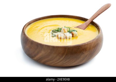 Pumpkin  cream-soup served with croutons isolated on white Stock Photo
