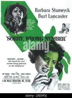 1948 Sorry, Wrong Number original film poster, Director: Anatole Litvak. The film stars Barbara Stanwyck and Burt Lancaster Stock Photo