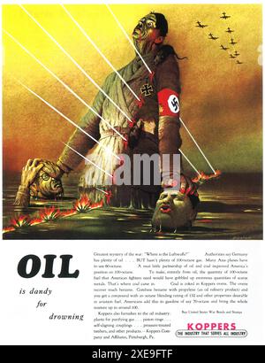 1943 WW2 Koppers company ad - 'Oil is dandy for drowning'- Adolf Hitler artwork by Bingham Stock Photo