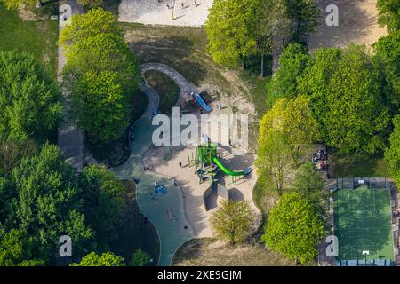 Aerial view, children's playground with sandpit and climbing frame in Gysenbergpark Revierpark, Börnig, Herne, Ruhr area, North Rhine-Westphalia, Germ Stock Photo