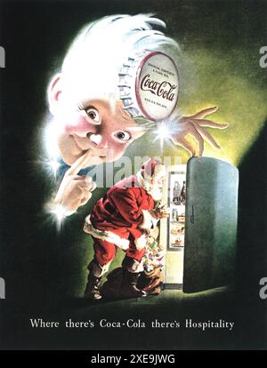 1948 Coca Cola Santa ad with Santa Claus and Sprite Boy - art by Haddon Sundblom Stock Photo