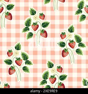Cottage Core Garden Strawberries with Gingham Checks Vector Seamless Pattern. Vintage Feed Sack Design Stock Vector