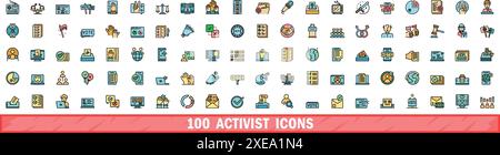 100 activist icons set. Color line set of activist vector icons thin line color flat on white Stock Vector