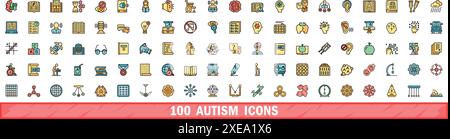 100 autism icons set. Color line set of autism vector icons thin line color flat on white Stock Vector