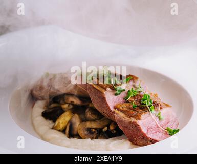 Exquisite serving beef medallions with mushrooms and mashed potatoes Stock Photo