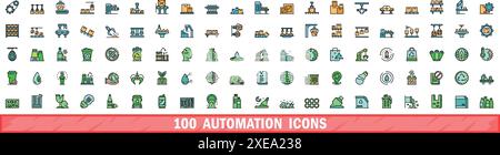 100 automation icons set. Color line set of automation vector icons thin line color flat on white Stock Vector