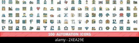100 automation icons set. Color line set of automation vector icons thin line color flat on white Stock Vector