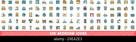 100 bedroom icons set. Color line set of bedroom vector icons thin line color flat on white Stock Vector