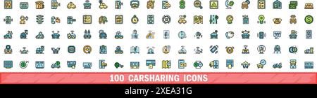 100 carsharing icons set. Color line set of carsharing vector icons thin line color flat on white Stock Vector