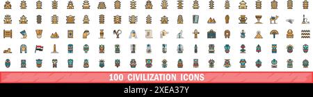 100 civilization icons set. Color line set of civilization vector icons thin line color flat on white Stock Vector