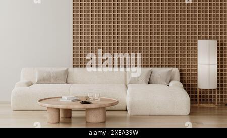 Modern living room interior with wooden wall panel, white sofa and table with decor, 3d render Stock Photo