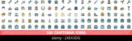 100 craftsman icons set. Color line set of craftsman vector icons thin line color flat on white Stock Vector